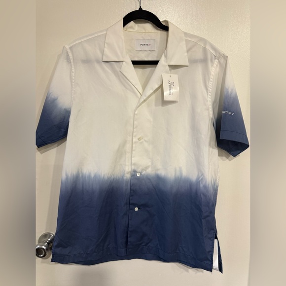 PORTS V Men's Button Up Shirt Indigo Ombré Short Sleeve 100% Cotton Large